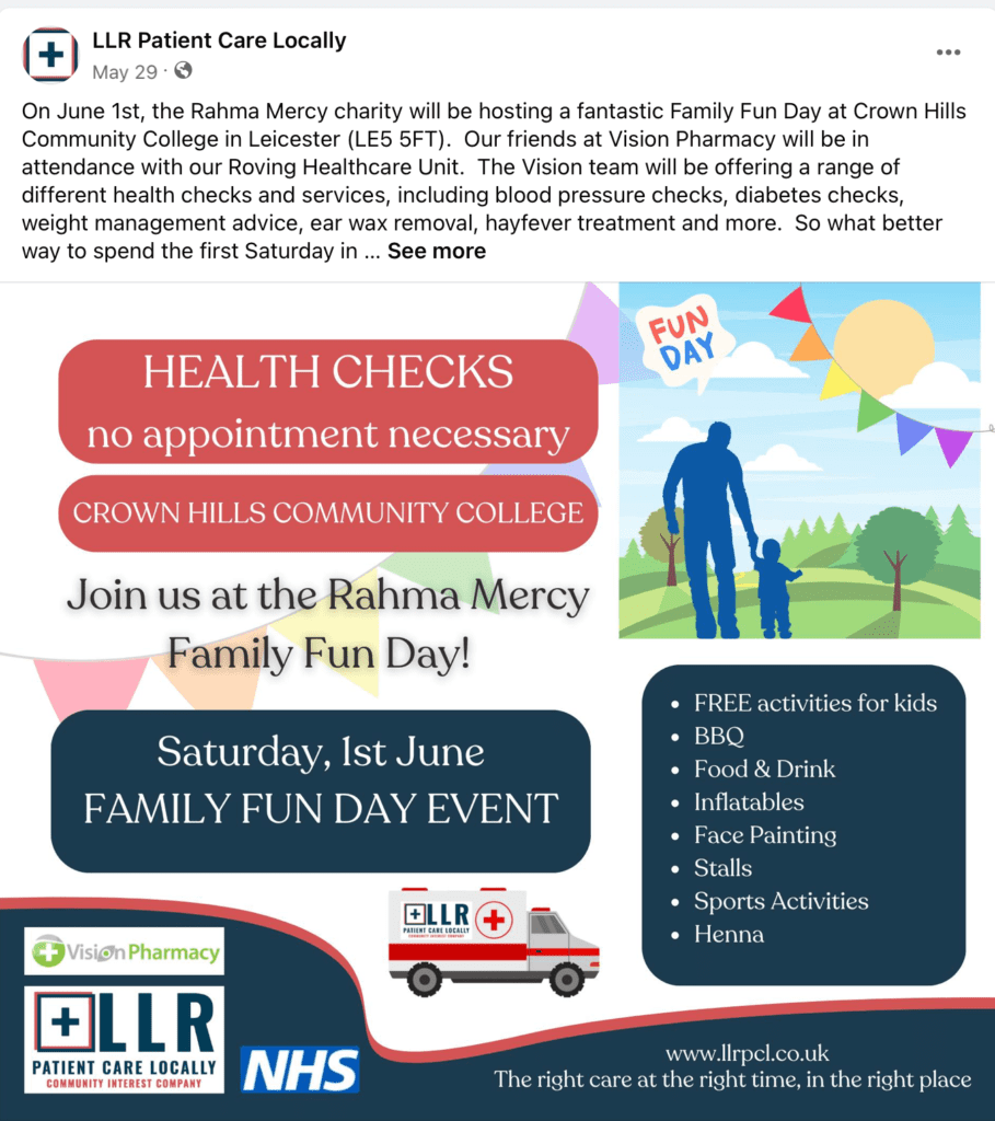 a screenshot of the LLRPC No Appointment necessary health checks